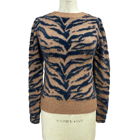 DKNY Womens Tiger Striped Sweater Tan Black Textured Knit XS - Picture 1 of 7